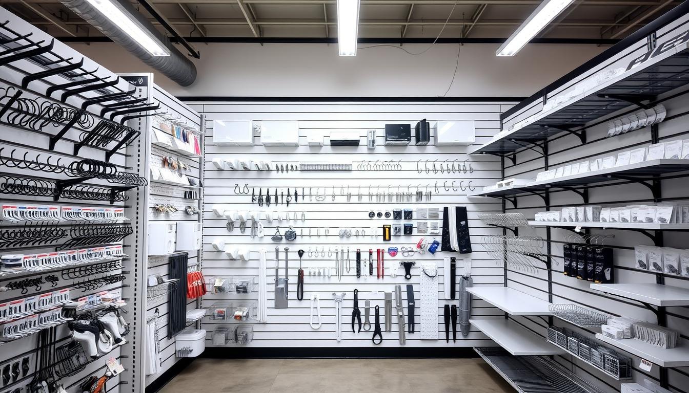 Alabama Mississippi Slatwall Depot showroom featuring various slatwall accessories for retail stores