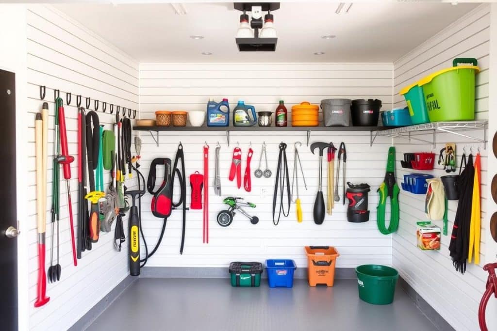 Organized garage using RTA slatwall panels with various hooks and accessories - slatwall panel hooks