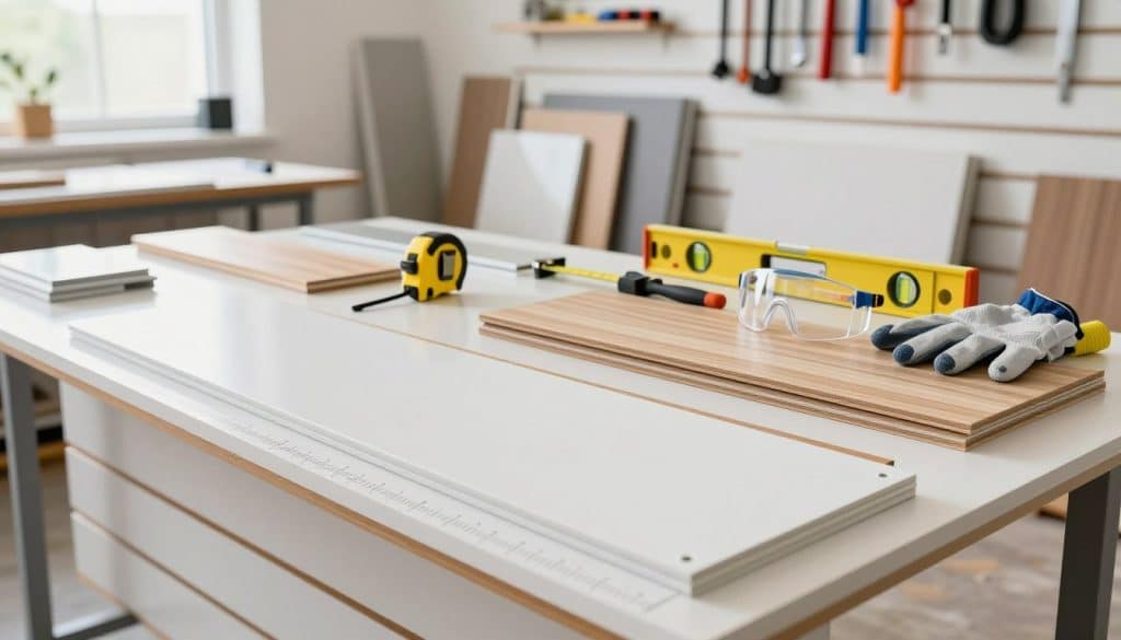 A beautifully arranged display of slatwall panels in a well-lit workshop environment, showcasing various materials including laminated wood, acrylic, and metal fittings. In the foreground, a detailed close-up of a white slatwall panel is highlighted, featuring precise measurements and a professional-grade finish. The middle ground contains an assortment of tools such as a measuring tape, level, and safety gear like goggles and gloves, emphasizing the importance of planning and safety in installation. The background reveals a well-organized space with more panels stacked neatly, tools hanging on the wall, and soft, natural light streaming through a window, creating an atmosphere of professionalism and readiness.