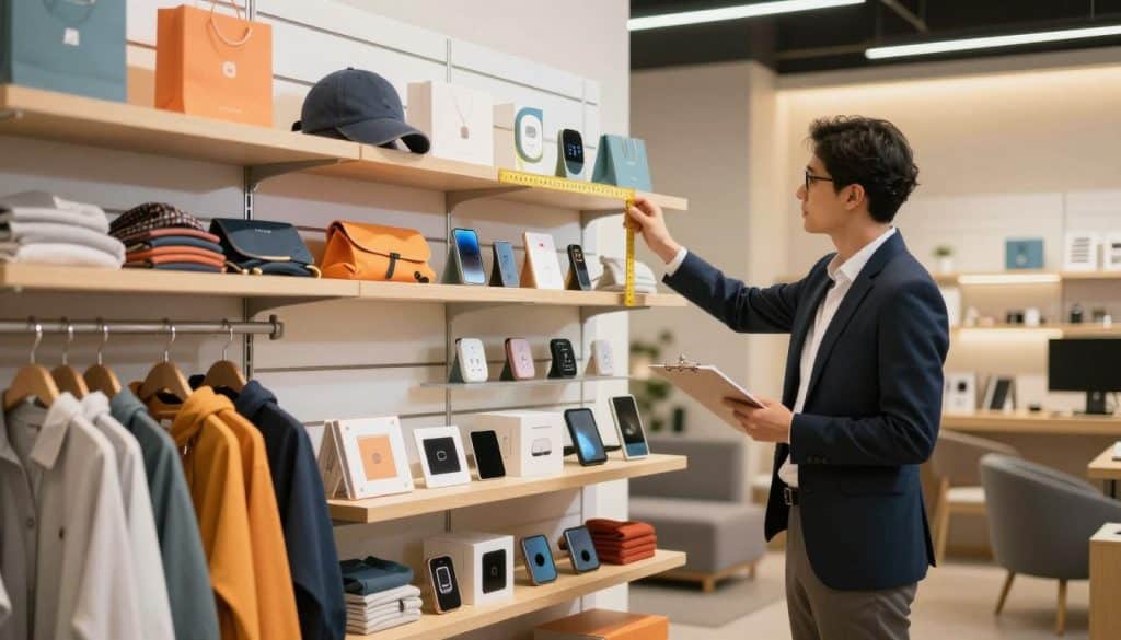A beautifully arranged retail display showcasing a variety of products on a slatwall system, emphasizing elements of display optimization. In the foreground, highlight neatly organized shelves with vibrant merchandise, including clothing, accessories, and small electronics. The middle ground features a professional business expert, dressed in smart attire, measuring the display using a ruler and taking notes on a clipboard, demonstrating the optimization process. In the background, soft, warm lighting casts a welcoming glow over the retail space, while sleek, modern furniture complements the displays. The atmosphere is focused and professional, conveying a sense of efficiency and attention to detail.