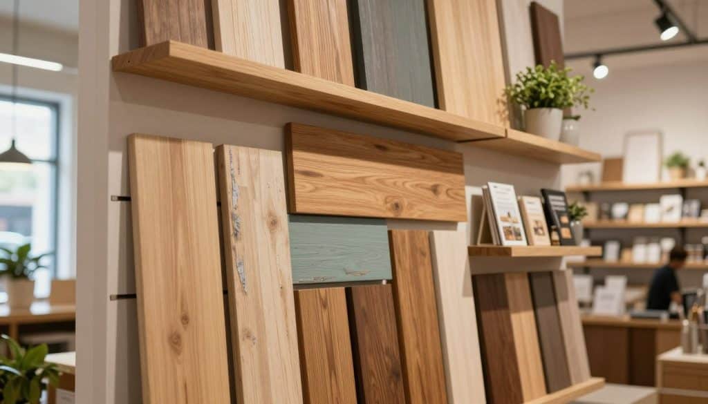A beautifully arranged wood slat wall, showcasing a variety of finishes such as natural wood grains, painted colors, and distressed textures. The foreground features neatly spaced slats of varying widths and orientations to illustrate versatility in design. Adding depth, include small decorative items like plants and retail products subtly displayed on ledges within the slat wall. In the middle ground, capture warm, diffused natural lighting filtering in from a nearby window, highlighting the rich textures of the wood. The background should be a softly blurred modern retail space with neutral tones to keep the focus on the slat wall. The overall mood should evoke a sense of professionalism and creativity, ideal for a retail environment setting.