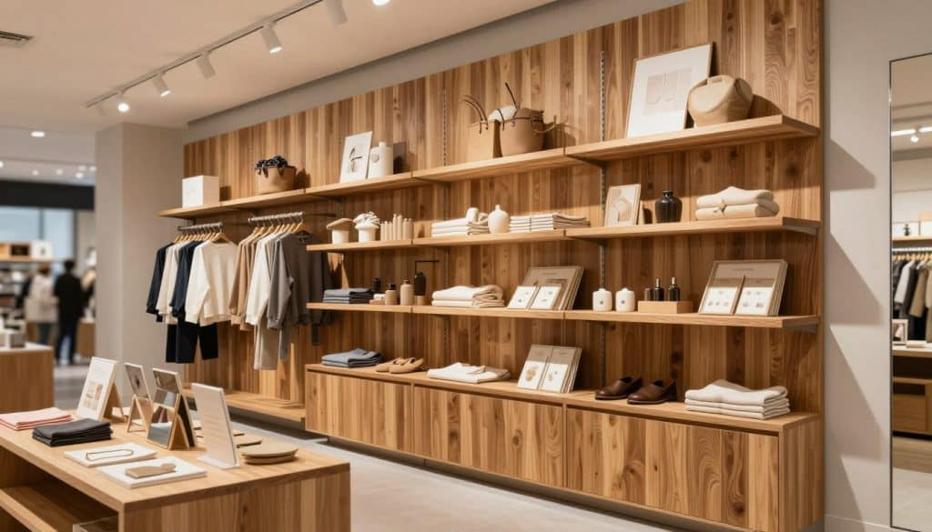 A beautifully designed wood slat wall showcasing a variety of retail shelves for merchandise display, arranged to maximize visibility and sales. The slat wall features warm, natural wood tones and textured finishes, meticulously organized with items such as clothing, accessories, or home decor. In the foreground, a sleek, minimalist display table holds additional products. Soft, diffused overhead lighting creates a welcoming atmosphere, enhancing the wood grain details. The background reveals a spacious retail environment with a neutral color palette, allowing the slat wall to be the focal point. The camera angle is slightly tilted, offering a dynamic perspective to draw viewers in, evoking a sense of professional retail strategy and aesthetic appeal.