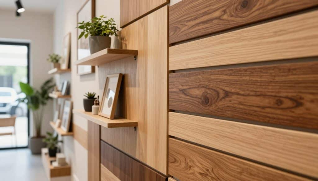 A beautifully designed wood slat wall showcasing an array of wood finishes, from light maple to rich cherry, with variations in slat width for visual interest. The foreground features a close-up view of the texture and grain of the wooden slats, emphasizing their warmth and craftsmanship. In the middle ground, stylish decorative items like potted plants, shelves with minimalist decor, and hanging artwork complement the wall. The background boasts a softly lit retail space, with natural light streaming in through large windows, creating a bright and inviting atmosphere. The scene captures a sense of inspiration and modern design, ideal for showcasing innovative retail solutions. The angles should be slightly tilted to enhance depth and perspective, while the overall mood is warm and welcoming, encouraging creativity and ideas.