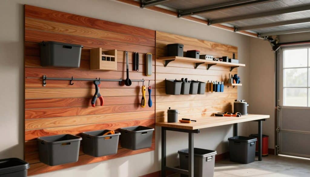 A beautifully organized garage featuring premium slatwall panels, showcasing a variety of accessories such as hooks, shelves, and bins. In the foreground, focus on the vibrant colors and textures of the slatwall, with a smooth finish and neatly arranged tools and storage solutions. The middle ground includes a well-lit workspace with a workbench, emphasizing functionality and aesthetics. In the background, soft natural light filters through a window, creating a warm atmosphere that highlights the quality of the USA-made panels. The angle captures the slatwalls from a slight elevation, presenting a modern, sleek feel. Aim for an inviting and professional atmosphere, perfect for a garage environment.
