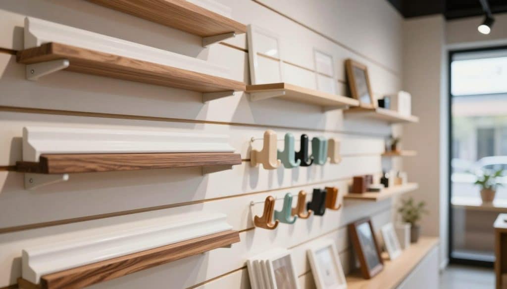A beautifully organized shop interior showcasing slatwall displays, highlighting professional installations. In the foreground, close-up views of expertly applied trim details in rich walnut and clean white finishes, with color-matched accessories like hooks and shelves neatly arranged. The middle ground features a well-lit section of the slatwall, exhibiting various product displays, emphasizing clean lines and attention to detail. The background is filled with a softly blurred view of additional slatwall sections, creating depth. Soft, natural lighting filters in through large windows, casting gentle shadows for a welcoming atmosphere. The overall mood reflects professionalism and expertise, inviting viewers to appreciate the craftsmanship of a successful slatwall installation.