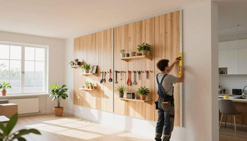 A bright and airy interior space showcasing a DIY installation of vertical slatwall panels on a wall and ceiling. In the foreground, a person in professional work attire is carefully measuring and aligning slatwall panels with a level tool, illustrating a sense of productivity. The middle section features the newly installed slatwall panels, displaying various hooks and shelves holding tools, plants, and decorative items, emphasizing versatility and functionality. The background reveals a spacious room with natural light streaming in through large windows, casting soft shadows that enhance the ambiance. The scene is captured with a wide-angle lens to capture the depth of the room, creating a welcoming and inspiring atmosphere for DIY enthusiasts.