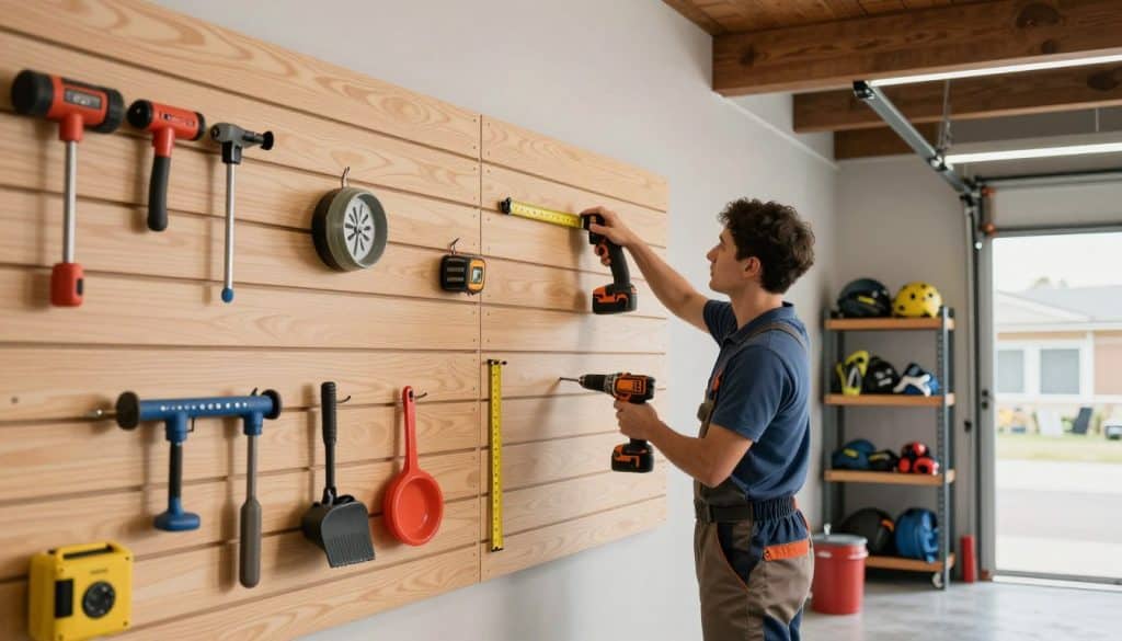 A brightly lit garage interior showcasing premium slatwall panels installed on one wall. The foreground features organized tools and accessories neatly hung on the slatwall, emphasizing functionality and design. In the middle, a professional installer in smart casual attire is demonstrating the installation process, using a power drill and measuring tape, highlighting precision and craftsmanship. The background reveals a well-arranged garage with shelves filled with sporting equipment, emphasizing the versatility of the slatwall system. Soft, even lighting creates a welcoming atmosphere, and the angle captures both the installer and the slatwall panels effectively. The image conveys a sense of professionalism and expertise in home organization.