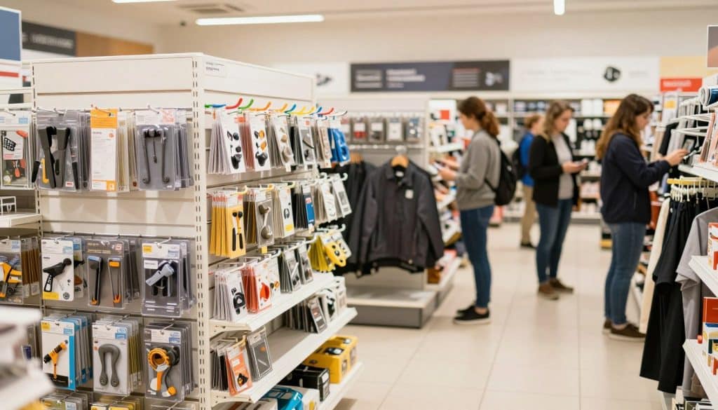 A brightly lit retail space showcasing a slatwall display in action, filled with various items like tools, clothing, and accessories. In the foreground, the slatwall is adorned with colorful hooks and shelves, displaying merchandise invitingly. The middle ground features a clean, organized store layout with shoppers inspecting the products, dressed in smart casual attire, reflecting a bustling yet orderly atmosphere. The background shows additional displays and product information boards, with soft shadows enhancing the depth of the scene. The image should evoke a sense of practicality and versatility in commercial settings, illuminated by natural and overhead lighting to create a warm, welcoming environment, captured from a slightly elevated angle to emphasize the functionality of the slatwall in diverse contexts.