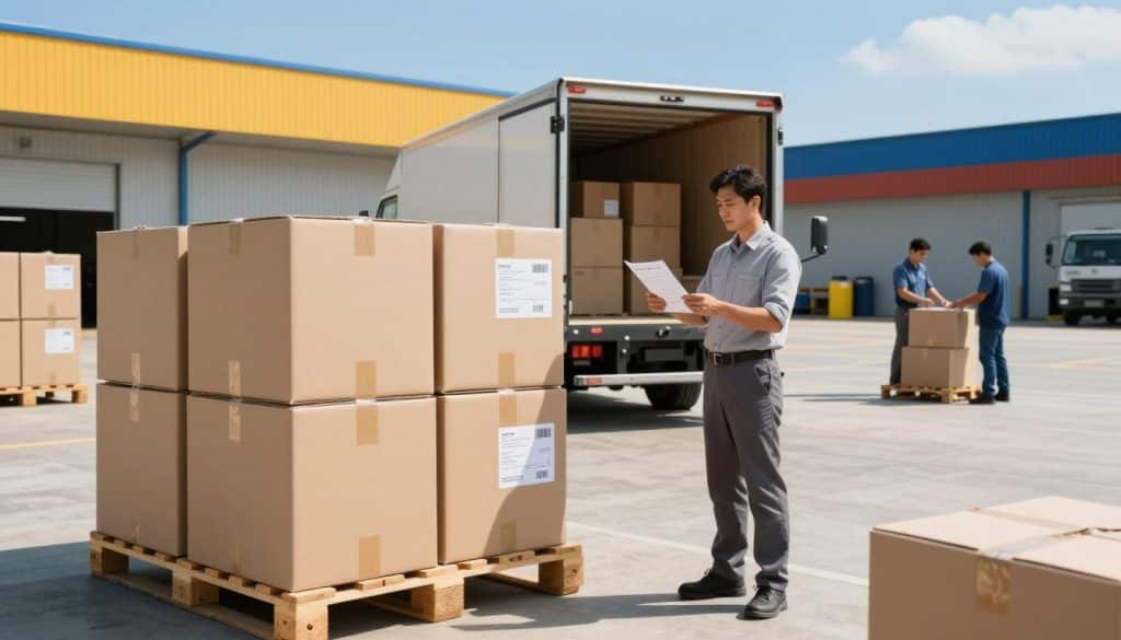A clean and organized shipping dock scene, featuring sturdy cardboard boxes stacked neatly on wooden pallets, ready for delivery. In the foreground, a professional worker in business attire carefully inspects a shipping label on a package, ensuring accuracy. The middle ground showcases a delivery truck with its rear doors open, revealing more packages, while additional workers efficiently load items. In the background, a bright blue sky contrasts with the vibrant colors of the shipping depot building, highlighted by natural sunlight creating a bright and inviting atmosphere. The image captures the essence of efficiency and simplicity in the shipping process, emphasizing a smooth ordering experience. Use a wide-angle lens to encompass the entire scene, enhancing the depth and perspective.