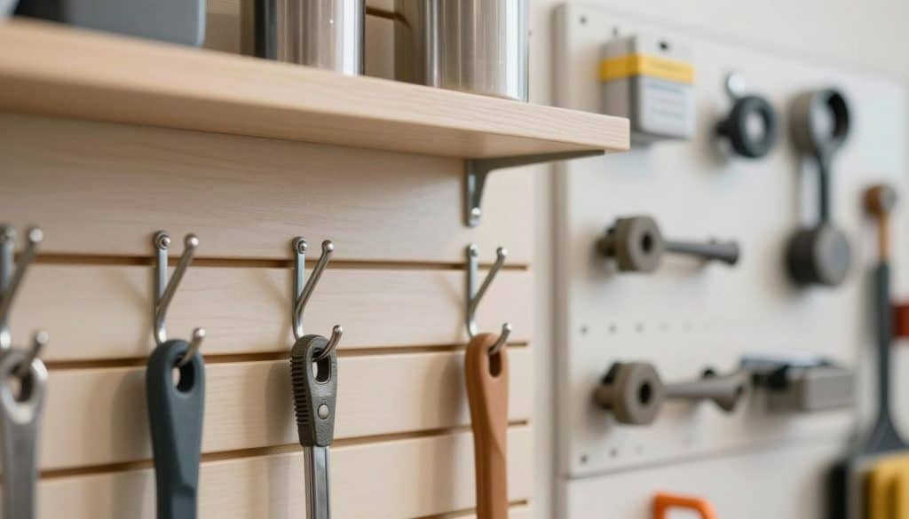 A close-up view of a high-quality slatwall panel showcasing its strength and durability. In the foreground, display various heavy-duty hooks and shelves attached to the slatwall, loaded with tools and merchandise to emphasize weight capacity. The background features a side-by-side comparison with a pegboard, slightly blurred to draw focus to the slatwall. Soft, diffused lighting highlights the texture and finish of the slatwall, creating a contrast with the flat surface of the pegboard. The image is shot at a slight angle to give depth, with a warm and professional atmosphere that conveys reliability and functionality in a retail or storage setting.