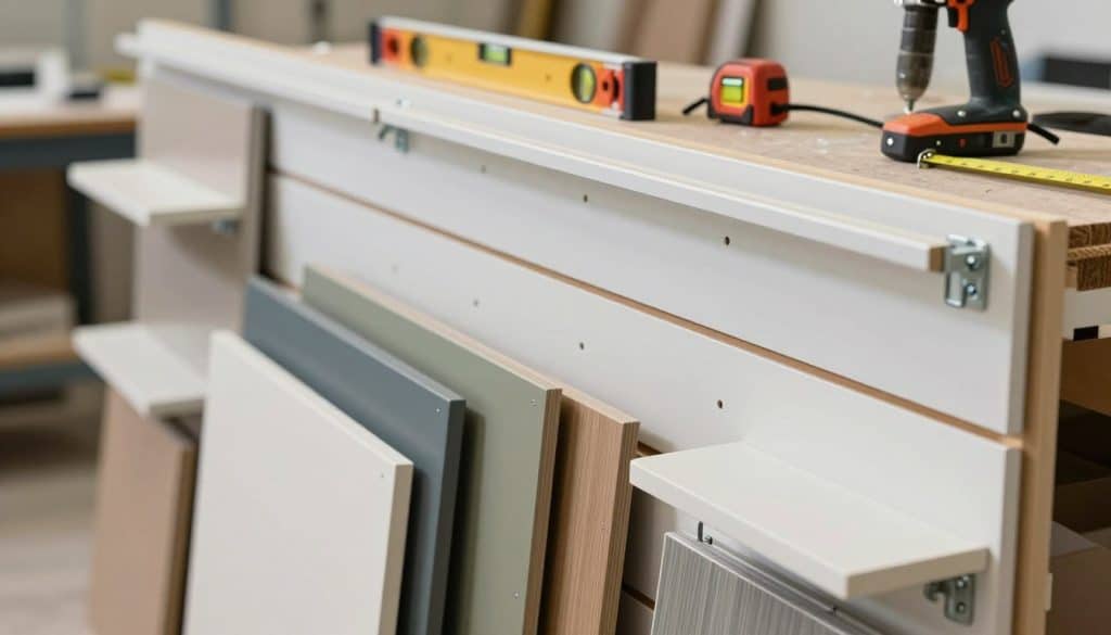 A close-up view of a professional slatwall panel installation in a well-lit workshop. In the foreground, display detailed slatwall panels in various colors and finishes, showcasing their grooves and accessories like hooks and shelves. The middle ground features a meticulous layout of the slatwall panels, with a focus on the fastening methods—visible screws and brackets securing the panels to the wall. In the background, include tools such as a level, drill, and measuring tape, laid out on a workbench for context. The lighting is bright and even, highlighting the textures of the panels. Capture the atmosphere of a busy and organized workspace, emphasizing precision and craftsmanship in the installation process.