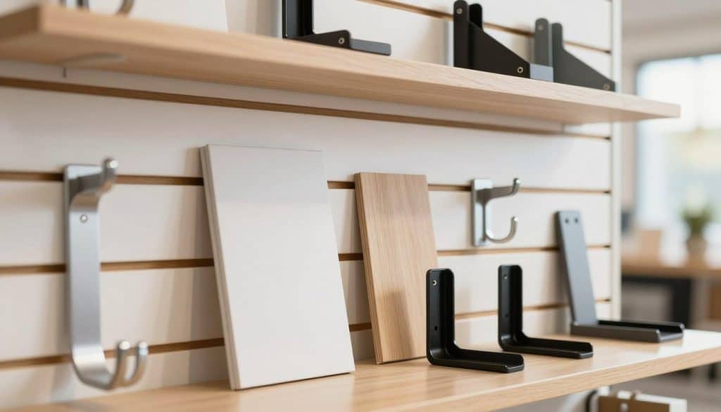 A close-up view of a variety of premium slatwall accessories designed for 8x4 panels, elegantly arranged on a polished surface. The foreground features hooks, shelves, and brackets in sleek finishes, showcasing functionality and modern design. In the middle, you can see a section of a slatwall panel, illustrating its smooth texture and versatility. The background is softly blurred, suggesting a bright, well-lit retail space that highlights the accessories' quality. Natural light filters in, creating a warm atmosphere. The overall mood is professional and inviting, emphasizing the craftsmanship of the accessories for retail environments. The composition is balanced, capturing the essence of high-quality display solutions.