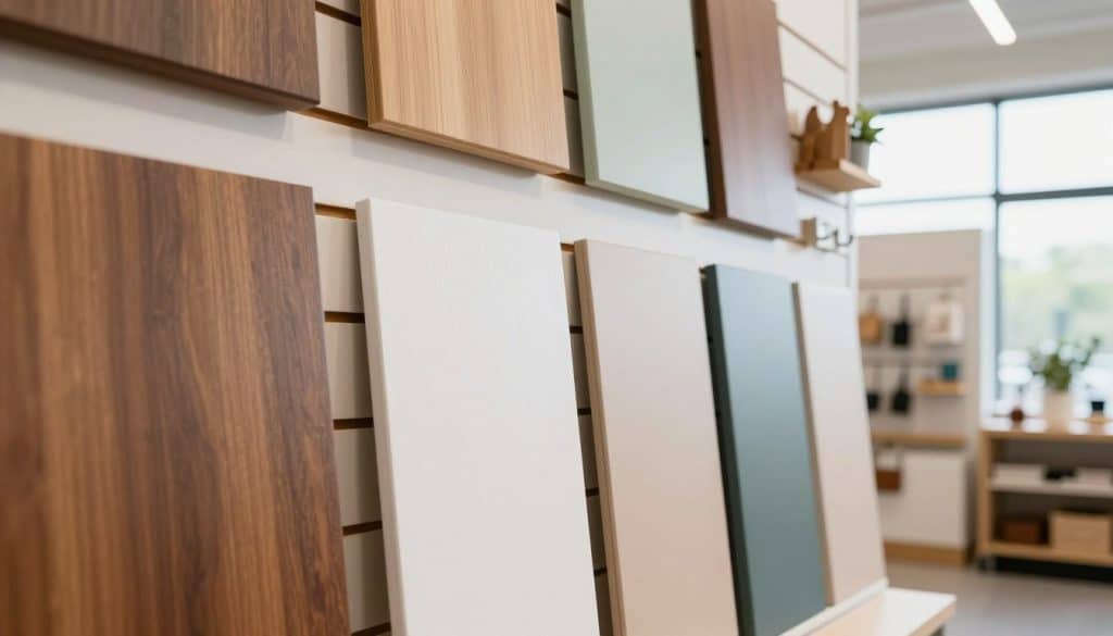 A close-up view of a vibrant slatwall display featuring a variety of colorful, high-quality slatwall panels arranged in an attractive retail setting. The foreground showcases detailed textures of the panels, highlighting the smooth finishes and diverse colors — including rich wood tones, classic whites, and modern pastels. In the middle ground, display hooks and accessories are tastefully organized, promoting an inviting shopping experience. The background includes a well-lit showroom ambiance, with soft, natural lighting streaming in through large windows, creating an airy and welcoming atmosphere. The overall mood is professional yet approachable, emphasizing the reliable, USA-made quality of the slatwall panels. The angle is slightly angled downward to capture the depth and arrangement of the panels effectively, presenting them as an appealing option for shoppers.