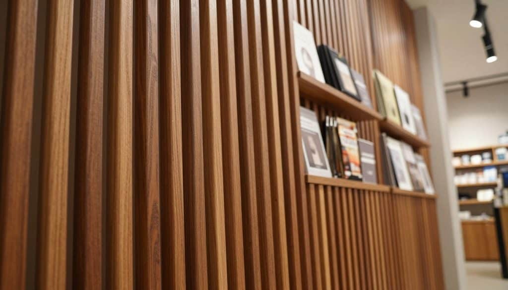 A close-up view of an elegant acoustic slatwall panel made from rich, polished wood, showcasing its unique slatted design. In the foreground, the texture of the wood is highlighted, with intricate grains and natural finishes reflecting soft, diffused lighting. The middle ground features a well-organized display of retail products elegantly hung on the slatwall, enhancing the functionality of the panel. The background is softly blurred, suggesting a modern retail environment with warm, ambient lighting that creates a welcoming atmosphere. The angle is slightly tilted upward, emphasizing the height and depth of the slatwall, encouraging a sense of space and sophistication. Overall, the mood is professional, innovative, and inviting, perfect for illustrating the versatility of wood slatwall panels.