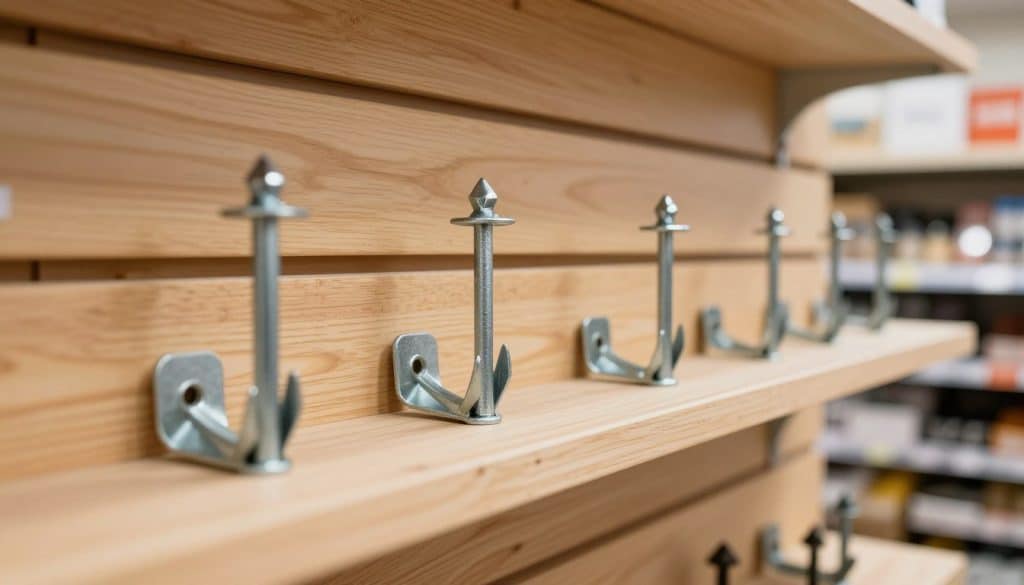 A close-up view of shelf anchors being installed on a wood slat wall, showcasing different types of anchors including heavy-duty brackets and adjustable clamps. In the foreground, the anchors are affixed to the wooden panels, emphasizing their strong, sturdy design. The middle section displays the slat wall with neatly arranged wooden slats, highlighting the textures and grains of the wood. The background features a subtly blurred retail environment, adding context without distraction. Soft, natural lighting enhances the warm tones of the wood, creating an inviting atmosphere. The camera angle is slightly tilted to capture both the anchors and the slat wall details, focused and clear to convey a professional look at a crucial aspect of retail shelving systems.