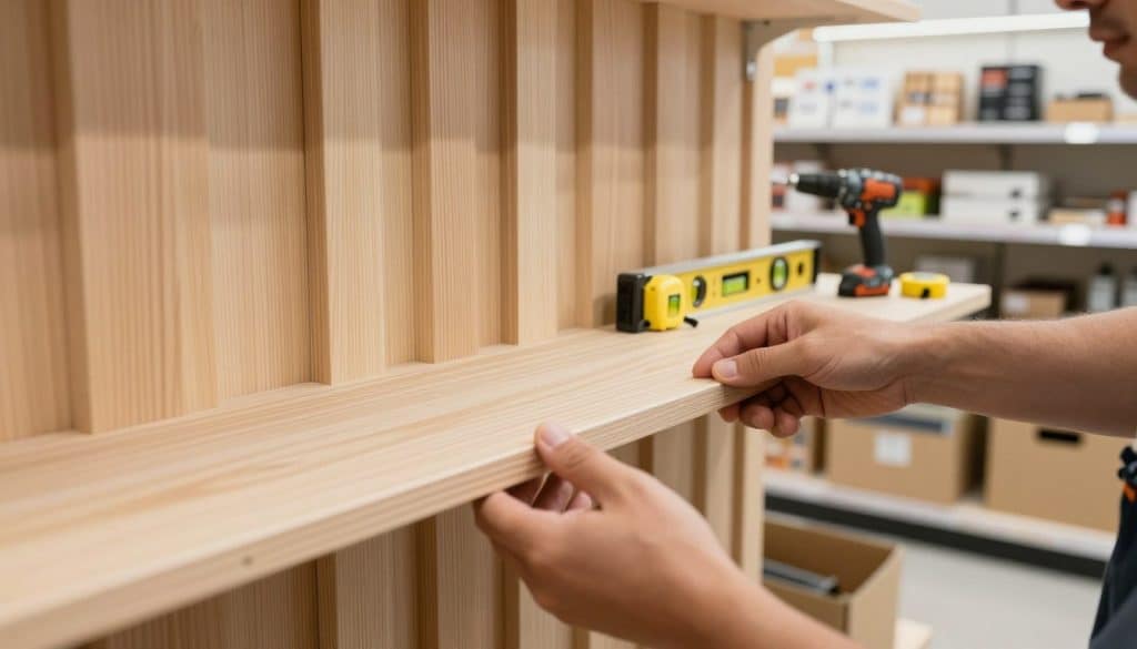 A detailed troubleshooting workspace featuring a focus on panel alignment issues for a wood slat wall installation. In the foreground, display a close-up of hands adjusting and aligning slat panels on a wooden wall with visible grooves. The middle ground includes a partially assembled shelf with tools like a level, measuring tape, and a drill. The background shows a well-lit retail space with slat wall displays showcasing various products. Use soft, natural lighting to evoke a collaborative atmosphere, and apply a shallow depth of field to keep the focus on the alignment process. Aim for a professional and organized look, reflecting a hands-on problem-solving environment.
