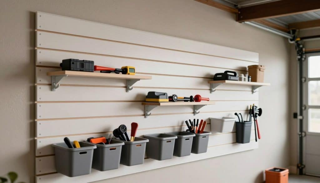 A detailed view of a modern PVC slatwall system designed for garage storage, showcasing a variety of accessories such as hooks, shelves, and bins. The foreground features well-organized tools and storage containers neatly arranged on the slatwall, emphasizing functionality and efficiency. In the middle ground, a smooth and durable PVC slatwall panel, textured to simulate real materials, contrasts against a neatly painted garage wall. The background includes dim garage lighting, creating a professional and clean atmosphere, with a slightly blurred out effect giving depth. Shot from a slightly elevated angle to capture the overall organization and usability of the space, with a warm tone that conveys a sense of orderliness and premium quality.