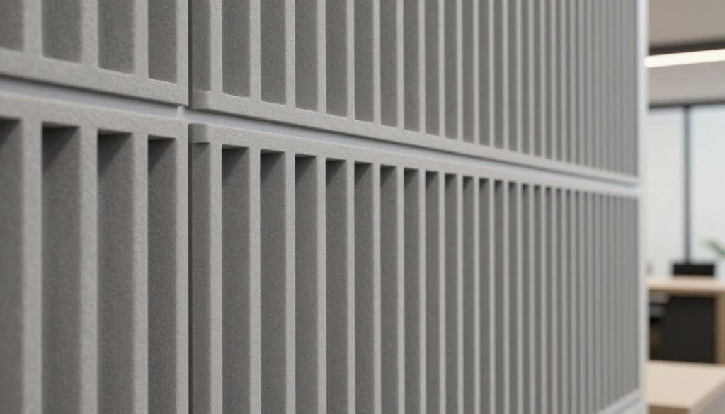 A detailed view of a modern acoustic slat wall panel in a soft grey hue, showcasing the slats' design with precise grooves and textures creating a stylish and functional space. Foreground features the slat wall with subtle shadows highlighting depth and dimension. In the middle ground, soft diffusion lighting enhances the slat wall’s sleek finish, emphasizing its sound-absorbing properties. The background consists of a lightly blurred contemporary interior setting, hinting at a professional environment. The mood is calm and sophisticated, ideal for showcasing the benefits of using grey slat wall panels in commercial spaces, promoting a sense of tranquility and professionalism.