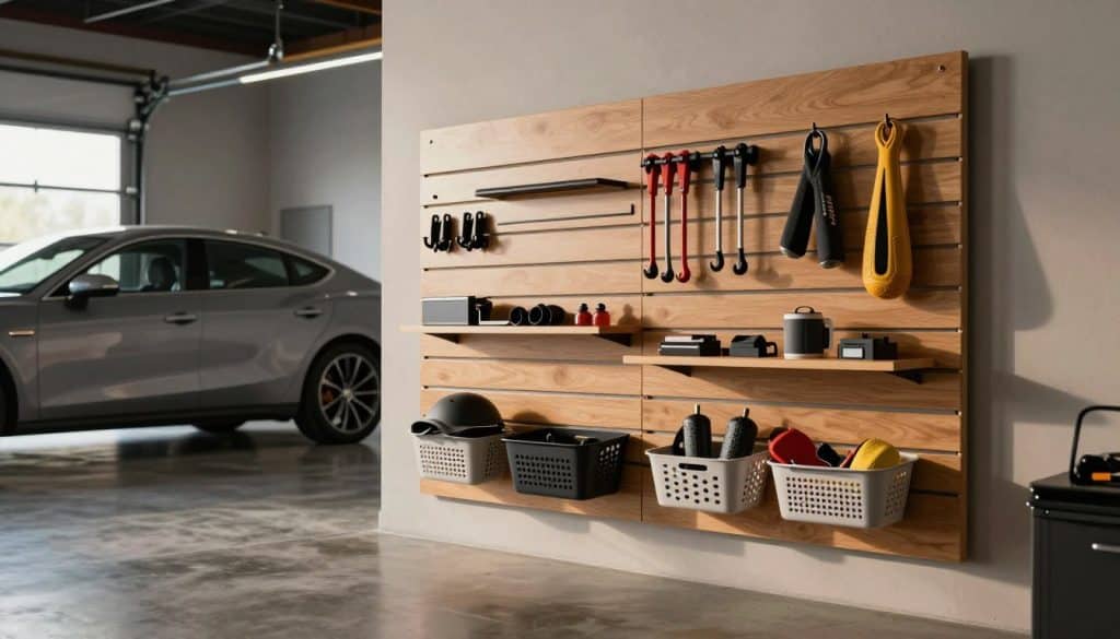 A high-resolution image of a premium garage slatwall system displayed in a modern garage setting. In the foreground, showcase a well-organized slatwall panel featuring a variety of accessories such as hooks, baskets, and shelves, all designed to enhance storage efficiency. The middle ground includes a sleek car parked on a polished concrete floor, with soft ambient lighting highlighting the slatwall's texture and colors. In the background, include neatly arranged tools and sports equipment hanging from the slatwall, creating a professional yet inviting atmosphere. Use natural lighting to enhance the warmth and functionality of the space, with a slightly angled perspective that gives depth and dimension to the scene. Emphasize a clean, modern aesthetic that reflects sophistication and practicality.