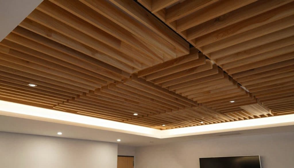 A modern building ceiling featuring sound-absorbing slats, meticulously arranged for acoustic optimization. The foreground displays a portion of the intricate slat design, showcasing varied textures and wood finishes. In the middle ground, the ceiling expands with recessed lighting that gently illuminates the space, creating a warm and inviting atmosphere. The background reveals a hint of a sleek conference room, with neutral walls enhancing the acoustics. Capture the scene from a slightly angled perspective, simulating a wide-angle lens to emphasize depth and dimension. The lighting should be soft, casting subtle shadows that highlight the slatted ceiling's architectural beauty. The overall mood is professional and serene, perfect for a workspace environment focused on enhanced acoustics and design.