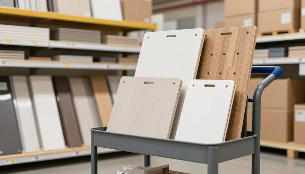 A modern flat-rate shipping cart filled with various home improvement items, prominently featuring slatwall panels, showcased in the foreground. The cart is designed with clean lines and a vibrant color scheme, reflecting efficiency and affordability. In the middle ground, an inviting, well-organized warehouse setting is displayed, with shelves stocked full of slatwall panels and other related merchandise. Delicate, soft lighting illuminates the scene, enhancing a welcoming atmosphere. The background includes slightly blurred visuals of shipping boxes ready for dispatch, indicating seamless logistics. A slight downward angle captures the cart's contents clearly, instilling a sense of simplicity in shipping costs. Overall, the mood is positive and hopeful, emphasizing the ease of shopping and savings.