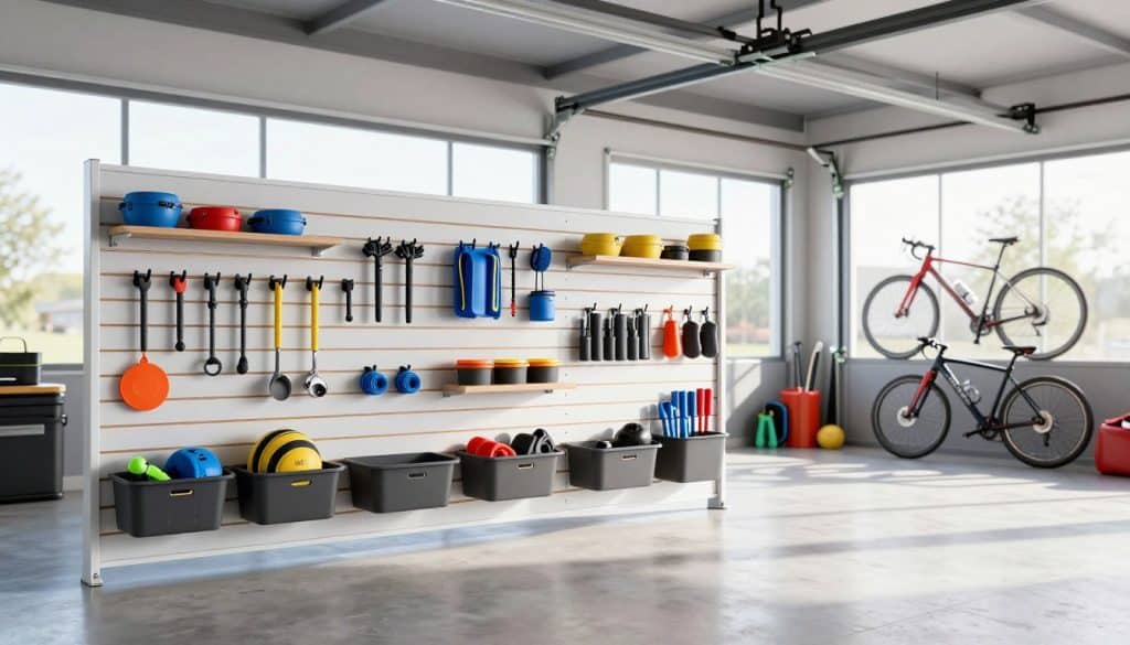 A modern garage interior featuring a high-quality slatwall organizer system. In the foreground, showcase neatly arranged tools and accessories, such as hooks, shelves, and bins, attached to a sleek slatwall panel. The middle ground displays a well-organized garage space with various storage items, including bikes and sports equipment, clearly visible. In the background, large, illuminated windows allow natural light to flood the area, giving it a bright and inviting atmosphere. The overall mood is one of efficiency and organization, representing the optimal use of space. Use a wide-angle lens to capture the entire scene, ensuring the layout is tidy and appealing, with bright colors and polished surfaces enhancing the visual impact.
