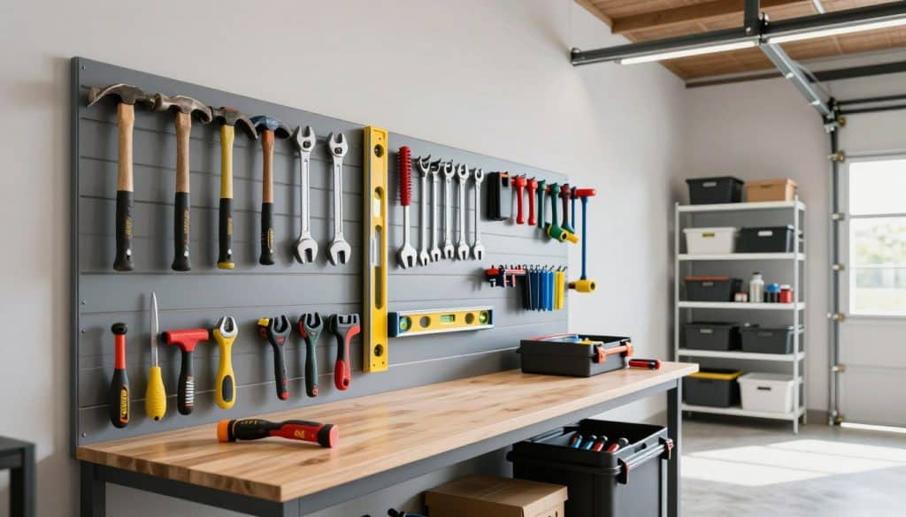 A modern garage interior featuring a well-organized slatwall system. In the foreground, show various tools neatly hung on the slatwall, including hammers, wrenches, and a level, all in vibrant colors. In the middle ground, showcase a sturdy workbench with a toolbox and a clean surface, suggesting a productive workspace. In the background, include bright white shelves filled with neatly arranged storage bins and a well-lit, spacious garage atmosphere. The lighting should be bright and natural, simulating daylight pouring in through a window. Capture the image from a slightly elevated angle to display the slatwall's functionality and overall organization. The mood is encouraging and professional, reflecting an expert approach to garage organization.