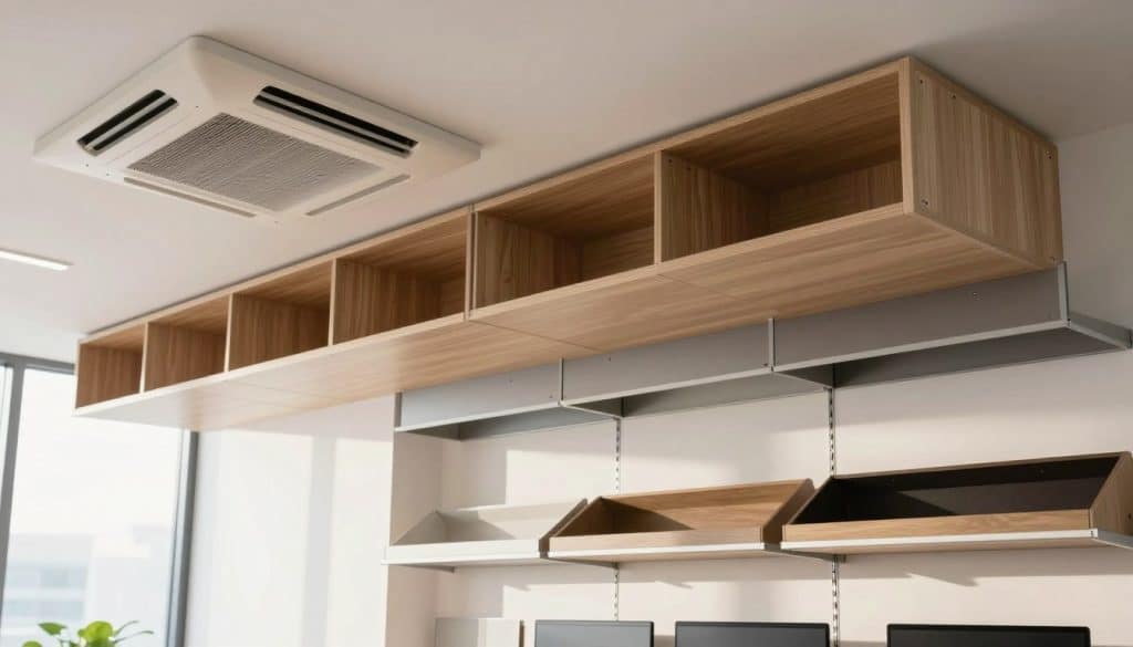 A modern office space showcasing an array of ceiling units designed for efficient storage and organization. In the foreground, there is a neatly arranged display of various ceiling-mounted storage solutions, featuring different materials such as wood and metal, all in a clean finish. The middle ground highlights the integration of the ceiling units with the walls, emphasizing their functionality in maximizing vertical space. In the background, soft natural light filters through large windows, casting gentle shadows that enhance the texture of the units. The atmosphere is professional and inviting, with a slight sheen on the surfaces to convey quality and reliability. The image should be shot from a slightly elevated angle to provide depth and perspective, showcasing the practicality of ceiling units in a workspace setting.