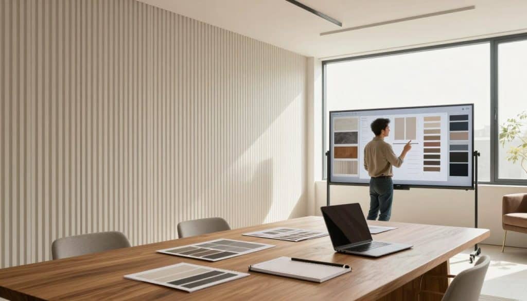 A modern project planning room featuring a spacious design with slat walls in soft neutral tones. In the foreground, a large, polished wooden table is neatly arranged with design samples, a laptop, and a notepad. The middle of the room showcases an interactive display board with various wall styles and finishes. Background elements include bright, natural light streaming through large windows, illuminating the room with a warm glow. A professional, casually dressed individual is standing by the display, thoughtfully reviewing options. The atmosphere is collaborative and inspiring, emphasizing creativity and planning. Capture the space with a slightly elevated angle, using a wide lens to encompass the entire room while keeping the focus on the slat wall features.