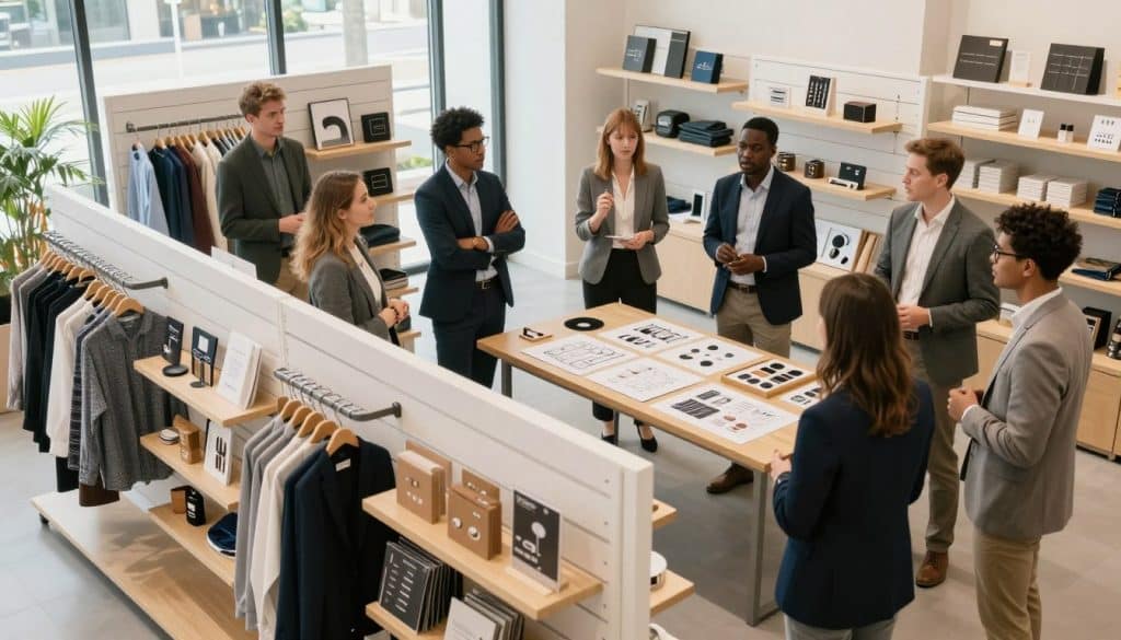 A modern retail environment showing a diverse group of business professionals in professional attire, engaged in a brainstorming session about selecting the ideal retail display system. In the foreground, a well-organized slatwall display system featuring various product arrangements, including clothing, accessories, and promotional items. In the middle ground, a table with sketches and samples of retail display components, surrounded by a mix of male and female professionals in thoughtful discussion. The background showcases a bright, well-lit store interior with additional slatwall systems and shelving units. Soft, natural lighting filters through large windows, creating an inviting and collaborative atmosphere, captured from a slightly elevated angle to emphasize the layout and interaction among individuals.