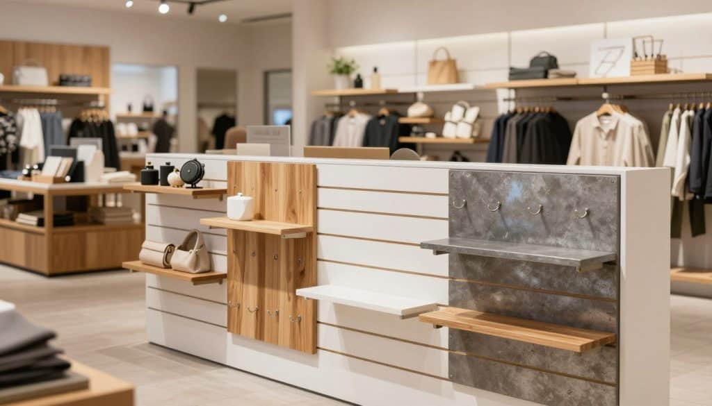 A modern retail space showcasing a diverse slatwall design. In the foreground, display a sleek slatwall panel featuring a mix of finishes, including natural wood, glossy white, and textured metal, with various hooks and shelves elegantly arranged. The middle ground highlights a beautifully organized product display, incorporating stylish merchandise such as clothing, accessories, and home goods. In the background, softly blurred, a clean and inviting retail environment with warm lighting creates an atmosphere of sophistication. Capture this scene from a slightly elevated angle, emphasizing the depth and organization of the space. The overall mood is chic and professional, perfect for showcasing the versatility of slatwall in retail settings.