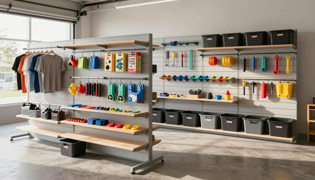 A modern retail space showcasing a sleek slatwall system loaded with colorful accessories and merchandise. In the foreground, prominently display various hooks, shelves, and brackets in organized sections, each designed for different products like clothing, tools, and crafts. The middle ground features a well-arranged garage storage area with labeled bins and tools neatly stored on slatwall panels, demonstrating high-efficiency storage solutions. The background should have soft, natural lighting streaming through a window, casting gentle shadows and emphasizing the versatility of the storage solutions. A perspective shot with a slightly elevated angle captures the entirety of this functional space, evoking a professional yet inviting atmosphere that highlights practical applications for both retail and home environments.