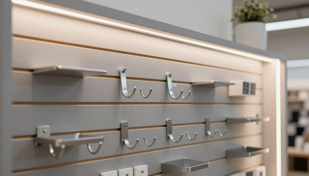 A modern showcase of slat wall accessories, featuring stylish LED edge lighting along the outer trim of grey slat wall panels. In the foreground, display an array of sleek, metallic hooks and shelving brackets, illuminated by soft, ambient LED lights that create a welcoming atmosphere. The middle ground should emphasize the textured surface of the slat wall, with well-structured rows allowing for various displays. In the background, a hint of a contemporary retail environment, softly blurred to keep focus on the accessories. Use bright, natural lighting to enhance the materials' colors and textures, captured from a slightly angled perspective to add depth. The overall mood is professional, clean, and inviting, suitable for inspiring retail enhancement ideas.