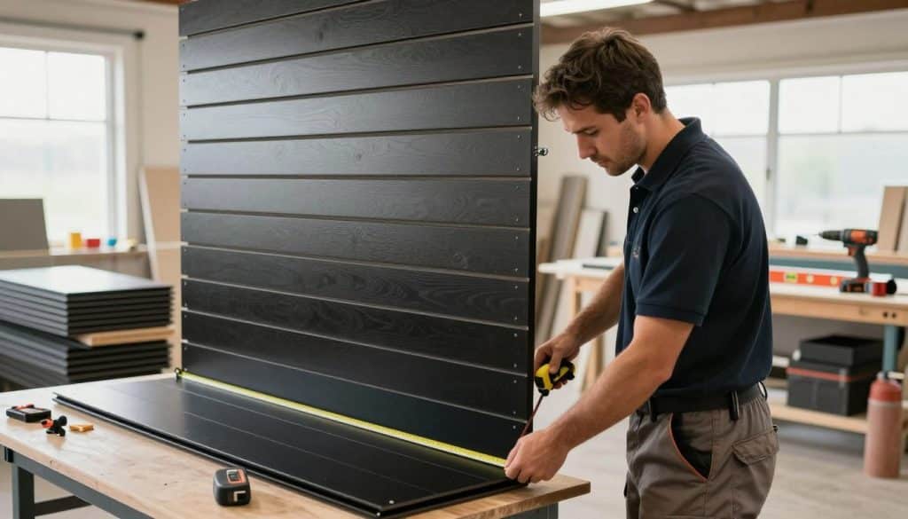 A professional installation scene of durable black slatwall panels in a spacious workshop setting. In the foreground, a skilled technician in a fitted polo shirt and work pants is measuring panel dimensions with a tape measure. The middle layer features a partially installed slatwall panel being mounted on a wall with brackets and screws. In the background, stacks of other slatwall panels and tools such as a drill and level are organized neatly on a workbench. Natural lighting from large windows creates a bright atmosphere, highlighting the materials and the details of the installation process. The angle is slightly low, focusing on the technician's actions, conveying a sense of craftsmanship and efficiency.