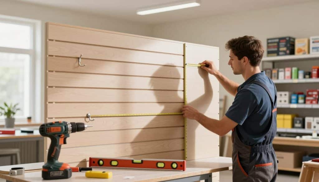 A professional installer in a well-lit workshop, focused on mounting a slat panel wall. In the foreground, tools such as a power drill and level are neatly arranged on a workbench, emphasizing the installation process. The middle-ground features the partially installed slat wall, showcasing various hooks and accessories that hint at its utility for displaying products. In the background, shelves filled with colorful merchandise reflect the versatility of slat panels. Soft natural light streams in through a window, casting gentle shadows, creating a warm and inviting atmosphere. The installer, dressed in professional work attire, is carefully measuring the panel, conveying a sense of expertise and ease in the installation process. The overall mood is positive and engaging, illustrating how simple and efficient the installation of slat panel walls can be.