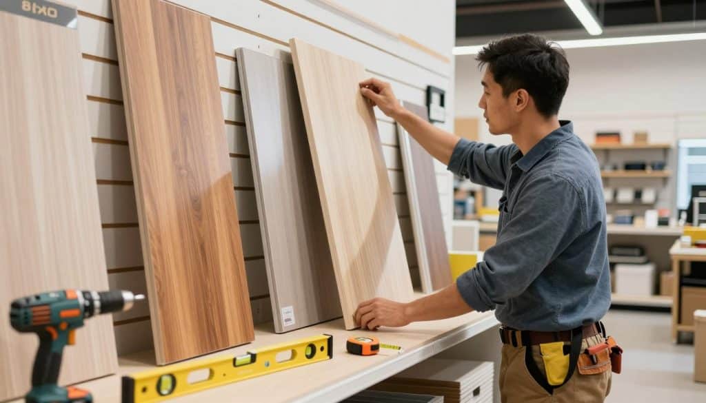 A professional installer in modest casual clothing, carefully securing premium slatwall panels in a well-lit retail space. The foreground features tools like a level, drill, and measuring tape arranged neatly around the installer, emphasizing precision and care. In the middle ground, several 8x4 slatwall panels are being mounted, showcasing their versatility and quality craftsmanship. The background reveals a bright and spacious store interior, highlighting various merchandise displayed on the slatwall, creating a sense of functionality and style. The lighting is bright and even, casting soft shadows to enhance depth, while the angle captures the installer at work, conveying a mood of professionalism and efficiency. The overall atmosphere reflects a commitment to quality installation and care for the product.