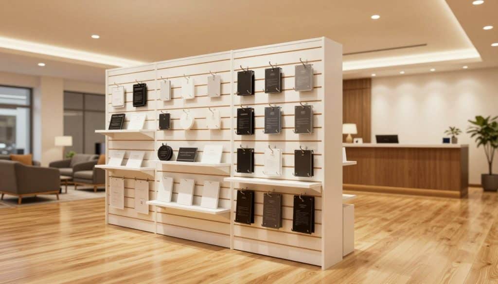 A professional showroom featuring an elegant vertical slatwall panel display. In the foreground, showcase a section of slatwall with various products neatly arranged, including hooks, shelves, and signage holders, all designed for retail use. The middle ground should include a well-lit, spacious showroom environment with polished wooden flooring and bright, inviting overhead lighting that creates a warm ambiance. In the background, include a tasteful reception area with stylish furniture and a welcoming design, emphasizing a modern retail space. Capture the image from a slightly elevated angle to provide depth, highlighting the versatility and organization of slatwall solutions. The atmosphere should convey professionalism, creativity, and functionality, ideal for retail planning.