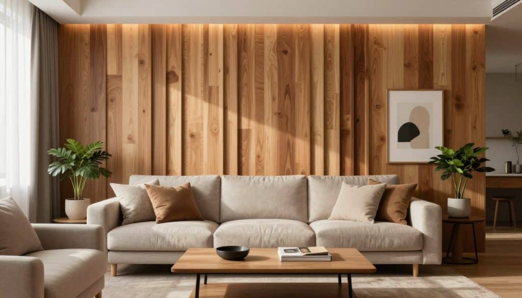 A stylish living room featuring a warm wood slat wall, showcasing varying shades of light and dark wood for a modern yet cozy feel. In the foreground, a plush, neutral-colored sofa is adorned with soft throw pillows, while a sleek coffee table sits invitingly in front. The middle ground highlights the beautifully crafted wood slat wall, backlit to cast soft shadows and enhance the texture of the wood. On either side, decorative elements like potted plants and minimalist artwork add a personal touch. The background captures a softly lit window with sheer curtains, allowing natural light to flood the room, creating an inviting atmosphere. The image evokes a sense of comfort and style, perfect for contemporary living spaces.
