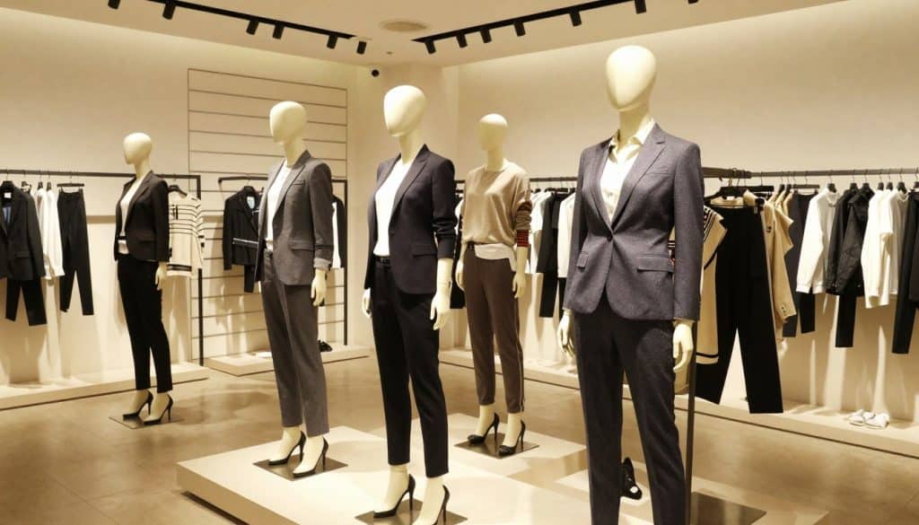 A stylish retail space featuring a variety of apparel mannequins in diverse poses, showcasing an elegant range of clothing. In the foreground, a sleek, modern mannequin dressed in a tailored suit, accompanied by a casual mannequin in a chic outfit. The middle ground displays an assortment of other mannequins, varying in styles from business casual to trendy streetwear, all presented on refined slatwall displays. The background features soft, ambient lighting highlighting the textures of the garments and creating a warm, inviting atmosphere. The angle is slightly above eye-level, capturing the lift of the display while the overall mood conveys professionalism and sophistication in retail design. The scene is free of any text, ensuring a focus on the mannequins and their apparel.