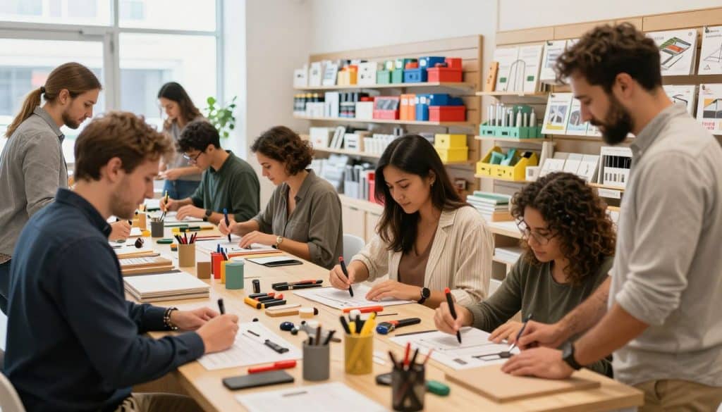 A vibrant DIY zone in a retail space, showcasing engaged customers exploring various craft and home improvement projects. In the foreground, a diverse group of individuals, including men and women in professional business attire and modest casual clothing, actively participate in hands-on workshops with tools and materials around them. The middle ground features various DIY displays, including organized slatwall fixtures stacked with colorful supplies and project ideas, emphasizing a creative atmosphere. The background reveals a well-lit store environment, with natural light streaming through large windows, creating an inviting and warm ambiance. The scene conveys a sense of community and collaboration, encouraging browsers to become active participants in the DIY experience. The angle captures a friendly interaction, emphasizing engagement and enthusiasm.