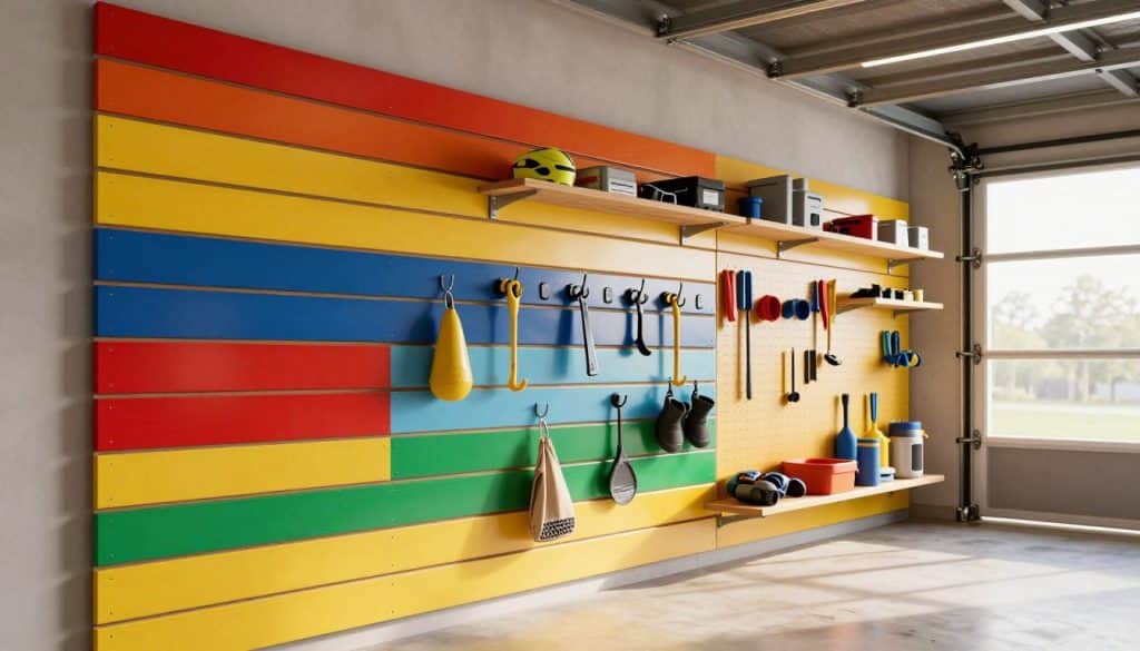 A vibrant and detailed depiction of a PVC slatwall system installed in a modern garage setting. In the foreground, showcase the smooth, glossy texture of the PVC slatwall panels in an array of colors, displaying various hooks and accessories for organizing tools and sporting equipment. In the middle ground, include a well-organized garage with neatly arranged shelves and a pegboard for additional storage, highlighting the versatility of slatwall materials. The background features a well-lit garage with large windows allowing natural light to pour in, accentuating the clean lines and aesthetic appeal of the slatwall. Use a slight angle to capture depth, with warm lighting creating an inviting atmosphere that emphasizes functionality and organization.