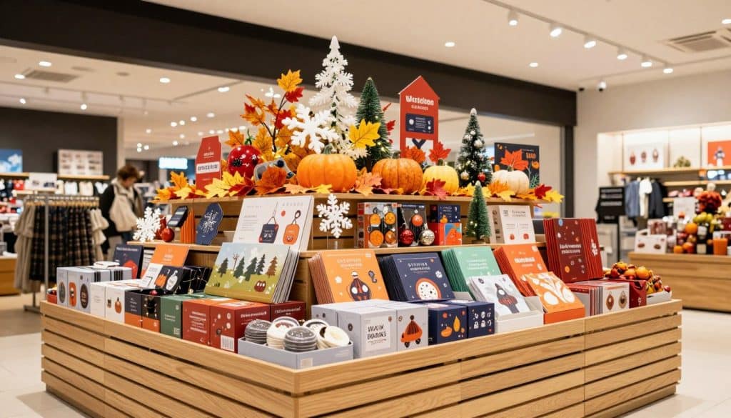 A vibrant retail display showcasing seasonal and event-themed decorations that creates a sense of urgency. In the foreground, a beautifully arranged slatwall unit features colorful, eye-catching products relevant to the current season, such as festive ornaments, holiday gifts, and promotional items. The middle ground showcases an inviting display featuring decorations like pumpkins and autumn leaves or winter-themed snowflakes and lights, enhancing the seasonal atmosphere. The background contains a sleek, modern store interior with warm, soft lighting, creating a cozy yet energetic mood. The angle of the shot is slightly elevated, allowing a broad view of the display while focusing on the details of the featured products. There are no human subjects in the image, ensuring a clean and professional look suitable for retail inspiration.