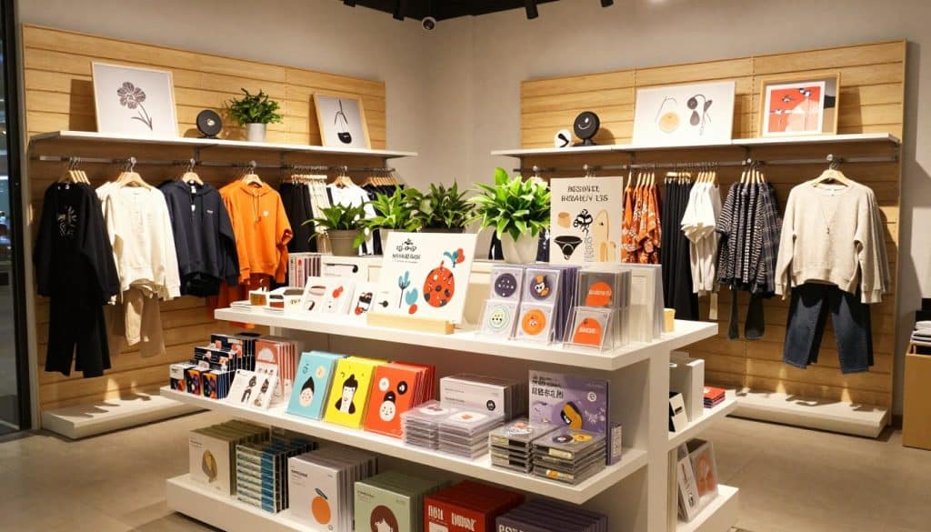 A visually engaging retail display setup featuring a slatwall system adorned with various merchandise such as clothing, accessories, and art supplies. In the foreground, sleek, well-organized shelves showcase vibrant products, neatly arranged to attract customers. The middle ground showcases a well-lit display table featuring eye-catching promotional items and plants for a touch of freshness. The background includes a subtly branded store interior with soft, ambient lighting that creates a welcoming atmosphere. The angle is slightly elevated, capturing the entire space to highlight effective visual merchandising strategies. The mood is warm and inviting, emphasizing a professional retail environment, suitable for inspired retail display solutions.