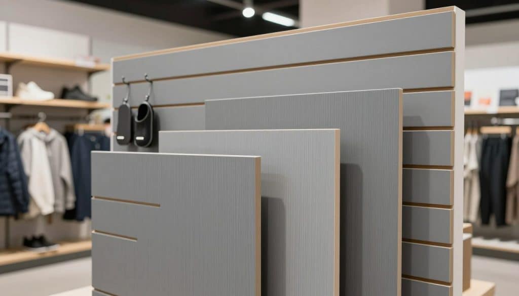 A well-lit display of grey slat wall panels arranged in an attractive layout, showcasing various retail applications such as hanging clothing, shoes, and accessories. In the foreground, a close-up of the slat wall structure reveals the detailed finish and texture of the grey panels, illuminated by soft, diffused lighting that highlights their versatility. The middle ground features a retail environment where shelves and hooks are strategically placed for optimum product visibility, conveying efficient use of space. The background includes a softly blurred store interior, enhancing the focus on the panels while suggesting a modern and professional retail atmosphere. The overall mood is sleek, contemporary, and functional, emphasizing the practical applications of grey slatwall solutions in commercial settings.