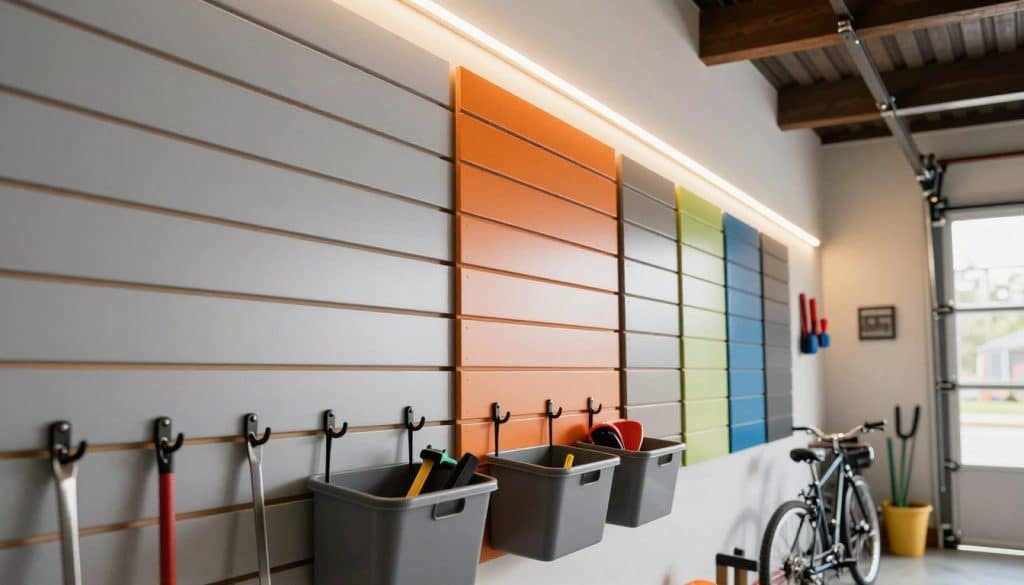 A well-lit garage environment showcasing premium PVC slatwall panels in various colors, arranged neatly on the walls. The foreground features a close-up of sturdy storage hooks elegantly holding tools and storage bins, reflecting organization and efficiency. In the middle ground, the slatwall panels are clearly visible, showcasing their smooth texture and durability against a backdrop of stylish garage features like neatly parked bicycles and gardening tools. The atmosphere is bright and inviting, accentuated by warm LED lighting that enhances the colors of the panels. The angle is slightly tilted upwards, capturing both the panels and the organized space, presenting a professional yet practical storage solution ideal for homeowners in Alabama and Mississippi.