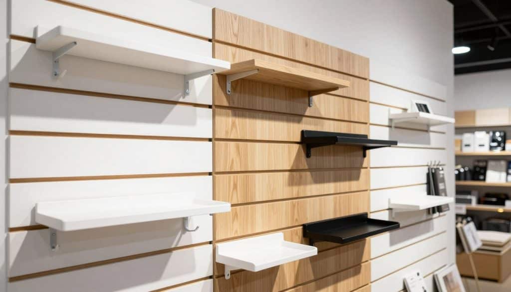 A well-lit interior scene showcasing a series of modern slat wall panels arranged vertically and horizontally. In the foreground, various slatwall accessories like hooks, shelves, and display brackets are neatly organized, featuring a variety of colors such as white, natural wood, and sleek black finishes. The middle ground highlights the texture and grain of the slat panels with soft shadows adding depth. The background includes a subtle display of merchandise hanging and resting on the panels to portray a retail setting. The lighting is bright and even, simulating a clean showroom atmosphere, inviting the viewer to appreciate the functionality and style of the slat panel walls. The angle is slightly elevated, providing a comprehensive view of the panels and their uses.