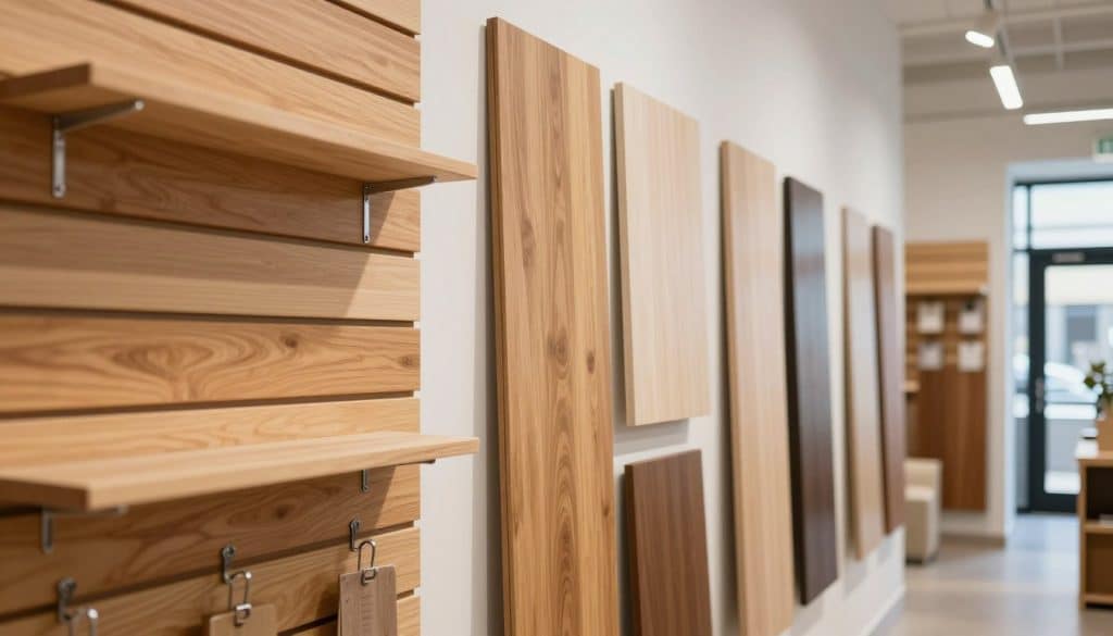 A well-lit interior space showcasing a variety of wooden slatwall panels in different finishes and styles, highlighting their texture and craftsmanship. In the foreground, display a close-up of a slatwall panel with a warm oak finish, featuring hanging display accessories like hooks and shelves. In the middle ground, showcase a sleek retail environment with several panels installed on the walls, displaying merchandise in an organized manner, conveying a sense of professionalism and functionality. The background should feature a bright and inviting store atmosphere, with soft, natural lighting filtering through large windows. Capture a warm, welcoming mood that emphasizes quality, local service, and customer support, perfect for a retail setting. Use a slight wide-angle lens to create depth and focus on the panels.
