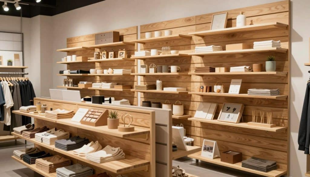 A well-lit retail environment showcasing a variety of wood slatwall shelves in different configurations. In the foreground, display slatwall panels in warm, natural wood tones, with neatly arranged merchandise such as clothing, accessories, and small home goods. The middle ground features more slatwall sections at varying heights, demonstrating versatile design possibilities, enhanced with subtle shadows for depth. In the background, the ambiance of a modern retail space with soft, diffuse lighting that creates a welcoming atmosphere. The perspective should be slightly angled to emphasize the depth of the shelving, highlighting the functionality and aesthetic appeal of wood slatwall configurations. No people are present in the image, maintaining a focus on the product display.