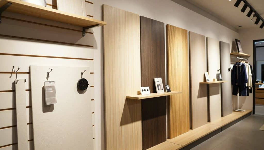 A well-lit showroom featuring vertical slatwall panels in an array of colors and finishes. In the foreground, showcase a close-up of textured slatwall panels with various accessories like hooks and shelving. The middle ground reveals a wider view of the panels, displaying their versatility for retail or display purposes, adorned with sample products like clothing and small items. The background includes subtle ambient lighting highlighting the modern design of the showroom. The atmosphere is professional and inviting, emphasizing the practicality and stylishness of slatwall solutions. Utilize natural lighting with soft shadows to create a warm, appealing setting. Capture the scene from a slightly elevated angle to showcase depth and dimension.
