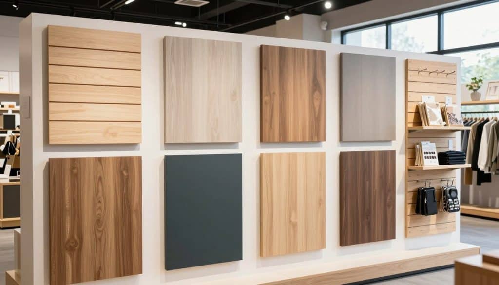 A well-organized display of 4x8 slatwall panels in a retail environment, showcasing the versatility and quality of the panels. In the foreground, various slatwall panels in different colors and finishes, with hanging hooks and shelves holding merchandise like apparel and accessories. The middle ground features a well-lit space, with a clean layout that emphasizes the slatwall's functionality. In the background, we see a modern retail store setting, with tasteful decor and natural light streaming through large windows, creating a welcoming atmosphere. Use bright, even lighting to highlight the textures of the slatwall, captured from a slightly elevated angle to provide depth and showcase the panels prominently. The overall mood should feel professional, inviting, and centered around quality craftsmanship.